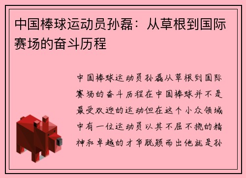 中国棒球运动员孙磊：从草根到国际赛场的奋斗历程